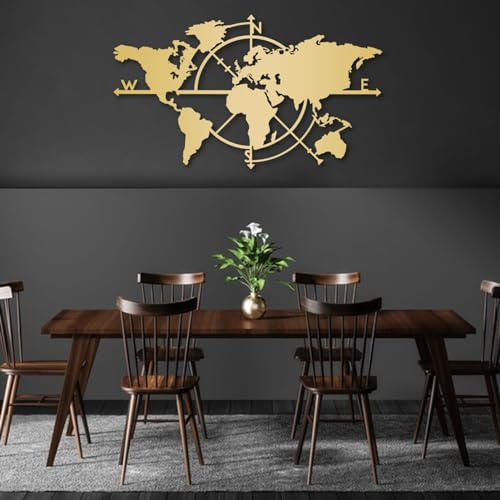 Moderne, minimalistische Wanddekoration aus Metall mit Weltkarte, Kompass und Kontinenten, zum Aufhängen im Wohnzimmer oder Büro (99,1 x 55,9 cm, Gold)