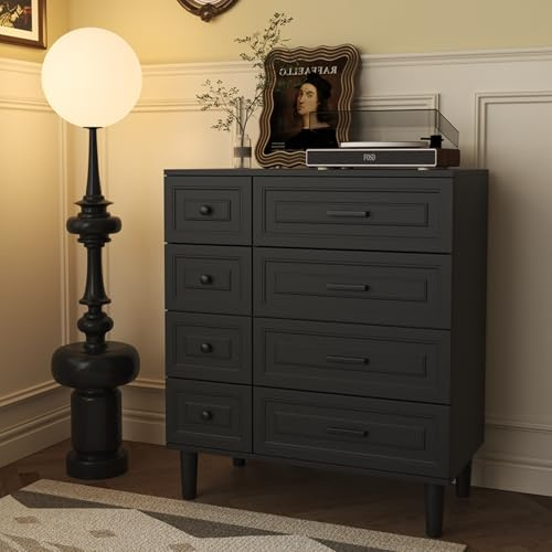 HOMAVO DG3 Kommode mit 8 Schubladen, 75x40x87cm, Moderne Linienprägung, Melaminbeschichtung, Bodenfrei, Weiß Schwarz Walnuss (Schwarz)