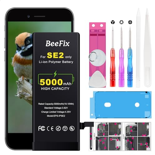 Beefix Batteria per iPhone SE 2020(SE2): Batteria Li-Ion 5000mAh alta capacità per iPhone SE2 con strumenti riparazione professionali Compatibile con modelli A2275 A2296 A2298