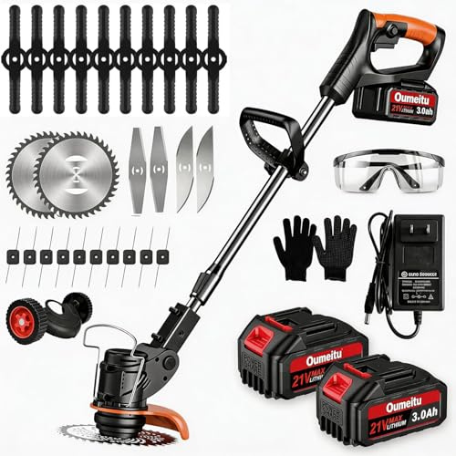 Débroussailleuses Electrique sans Fil, Coupe Bordures sans Fil a 2 21V 3.0Ah Batterie et Chargeur Rapide & 4 Types Lames, Debrouissalleuses a Batterie pour Tondre Les Pelouses du Jardin Pelouse Ferme