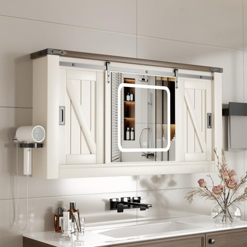 ChromaCasa Spiegelschrank Bad Mit Beleuchtung 3-Farbig Dimmbarer, Badezimmerschrank Mit SchiebetüRen Im Scheunenstil, Badezimmer Spiegelschrank Praktisch & Stilvoll für Bad,KüChe(120x60x20cm,Weiß)