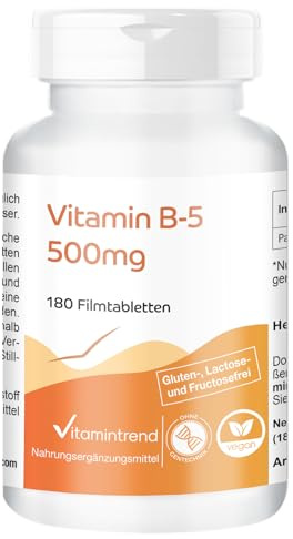 Vitamintrend Vitamin B5 500mg Tagesbedarf, 180 Tabletten, hochdosiert, Pantothensäure, Nahrungsergänzungsmittel vegan ohne Magnesiumstearat, in Deutschland hergestellt