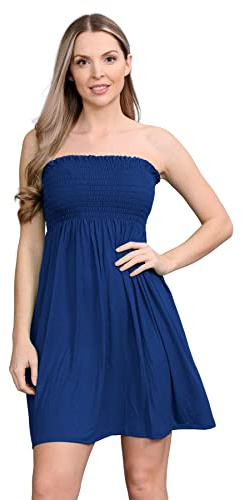 janisramone® Womens Bandeau Dress, Boob Tube Sheering Ruched Flared Mini Dress, Plain Strapless Summer Dresses, Perfect Holiday & Beach Dresses for Women UK Navy