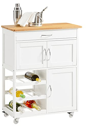 SoBuy Kitchen Trolley with Wheels Multi-Functional Rolling Storage Cart, Kitchen Island on wheels with Wine Rack Mobile Sideboard Unit for Small Kitchens, Dining Room & Garden Use 67x86x38cm FKW45-WN