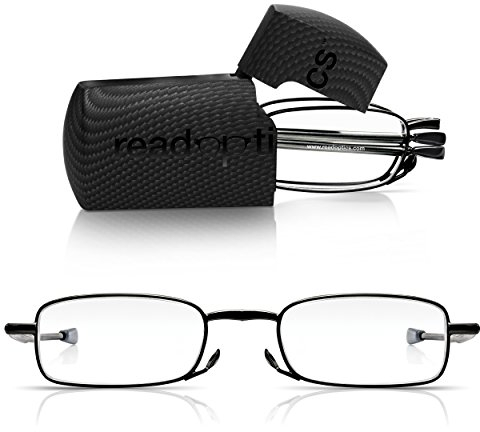Read Optics faltbare Vollrand-Lesebrille für Herren/Damen in Sehstärke 2,0 in Schwarz mit rechteckigen Gläsern. Mit klappbaren Bügeln aus Metall und Hartschalen-Etui. Leichte Reise-Lesehilfe
