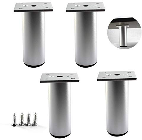 Lot de 4 pieds de meubles ronds argentés 38 x 8 cm en alliage d'aluminium réglables pour TV, bureau, table et canapé