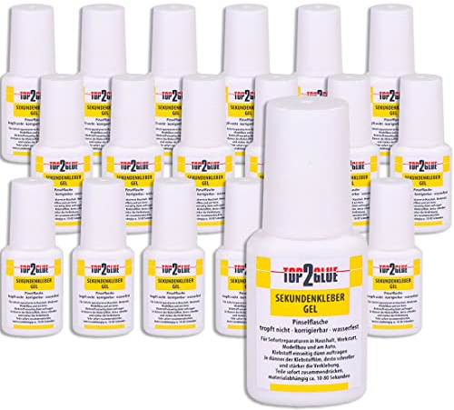 Sekundenkleber dickflüssig - Top2Glue Alleskleber extra stark - Sekundenkleber GEL 10g in der Pinselflasche - Nagelkleber - Tip Kleber - Bastelkleber - Kunststoffkleber wasserfest (20 Flaschen)