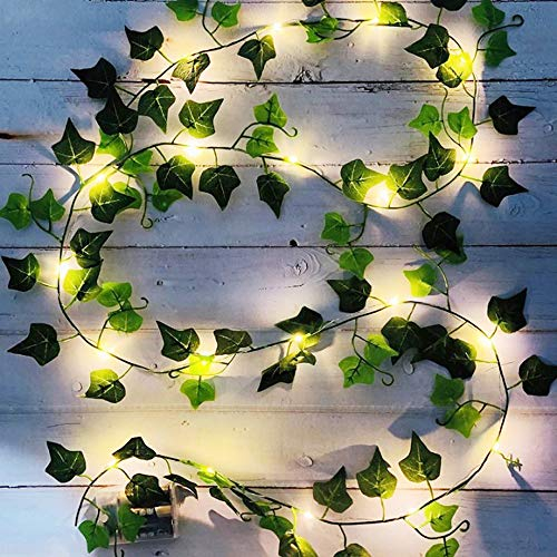 1 Stück Efeu Künstlich, 2M Fake Efeu Girlande mit 20 LED-Licht, Lichterkette mit Blumengirlande Hängend Pflanzen für Innenberei, Schlafzimmer, Zuhause, Garten, Büro, Hochzeit, Party Deko