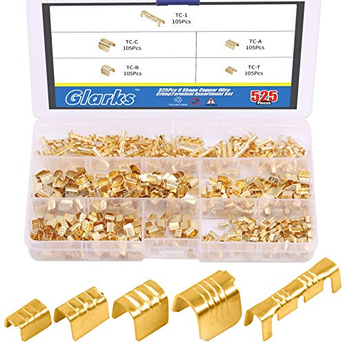 Glarks 525Pcs U Shape Copper Wire CrimpTerminal Assortment Set Non-Insulated Copper Ring Spade Butt Lugs Open Barrel Connectors Kit