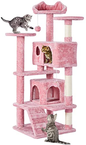 Yaheetech Arbre à Chat avec 2 Niches 3 Plateformes 2 Boules en Sisal Arbre à Grimper Multi-Niveaux Hauteur 137cm Idéal pour 3-4 Chats Rose