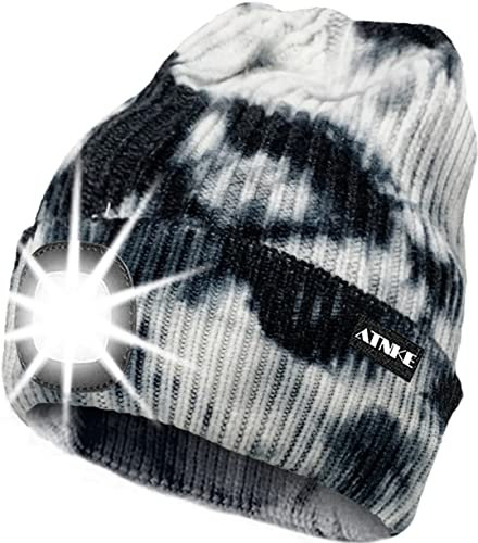 ATNKE LED Beleuchtete Mütze,Wiederaufladbare USB Laufmütze mit Licht Extrem Heller 4 LED Lampe Winter Warme Stirnlampe für Herren und Damen Geschenke/Tie Dye Black