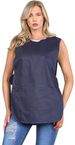 Womens Tabard Apron Ladies Tabards Home Work Kitchen Cleaning Chef Catering Cleaners Workwear Poly Cotton Overall Aprons Large Pocket Tabbard Side Stud Buttons Fastening (Same Piping Edge Navy,OS)