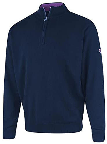 Island GREEN Pull de golf en tricot coupe-vent doublé avec col zippé pour homme Bleu marine Taille M