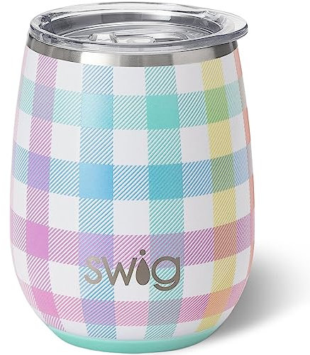 Swig Life Vaso de vino aislado de 14 onzas con tapa, más de 40 opciones de patrón, apto para lavavajillas, capacidad para 2 vasos, copa de vino de acero inoxidable para exteriores (Pretty in Plaid)