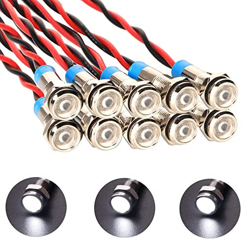 Gebildet 10pcs 6mm 1/4 AC/DC 12-24V LED Indicador de Luz de Metal Lámpara de Señal a Prueba de Agua Piloto Dash Direccional con Cable (Blanco)