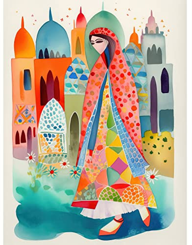 Artery8 Hijab Muslim Woman with Buildings Folk Art Large XL Wall Art Canvas Print