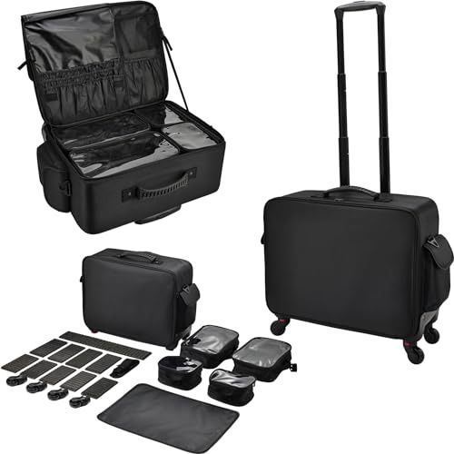 Kosmetikkoffer mit Rollen, extra groß, für Friseure, Nageltechnik, Reisen, professionelles Make-up, Zug, Koffer, Trolley, Schwarz