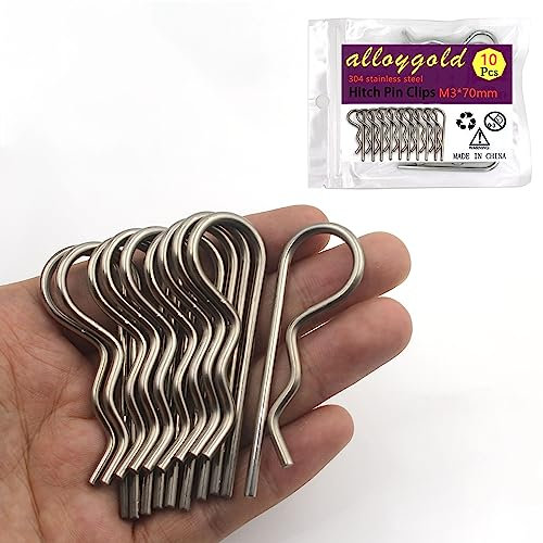 Alloygold 10 perni di traino resistenti, clip a R, in acciaio inox, con molla di fissaggio a molla, grandi per rimorchi, trattori, carrelli, camion, forte tensione a molla, M3 x 70 mm