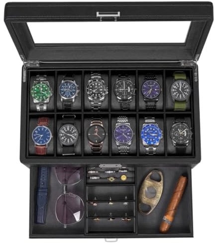 BEWISHOME Scatole per Orologi con Cassetto, Portaorologi per Uomo, Custodia Orologi di Lusso Organizer Gioielli, Scatola Porta Orologi per Uomo e Donna,Vetro Superiore,Cerniera Metallica,Nero ESSH02L