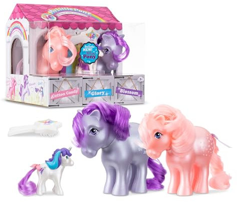 Basic Fun My Little Pony Mein kleines Pony, Sammlerpaket zum 40-jährigen Jubiläum - Perlmuttblüte, Zuckerwatte und Mini-Ruhm, Spielzeug-Geschenkset, Retro-Pferdespielzeug für Mädchen und Jungen