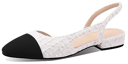MIRAAZZURRA Damen Slingback Flach Pumps geschlossene runde Zehe Sandalens zweifarbige lässige Büroschuhe Weißer Tweed EU37