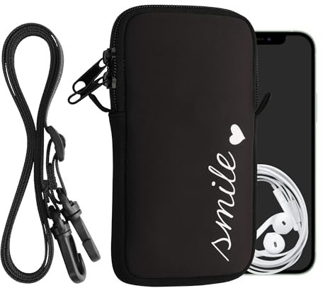 kwmobile Custodia in Neoprene con Zip per Smartphone - Portacellulare a Tracolla - Porta Cellulare da Collo Universale - Cover Borsa Telefono Smile
