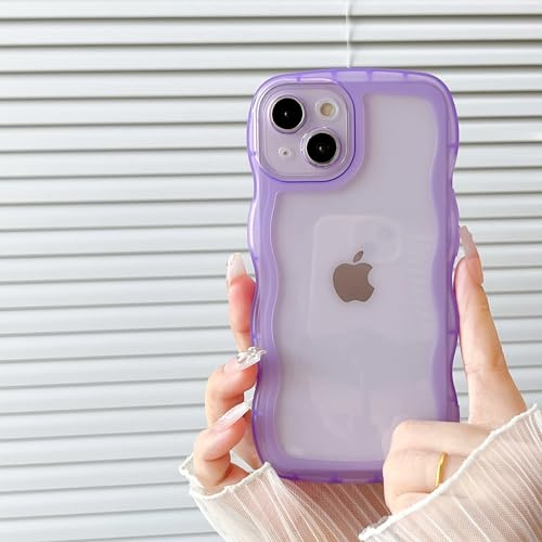 FABSPARK Phone Case for iPhone 14 Case,Transparent Clear Solid Color Curly Wave Frame Soft Silicone Shockproof Protective TPU Cover for iPhone 14,Purple