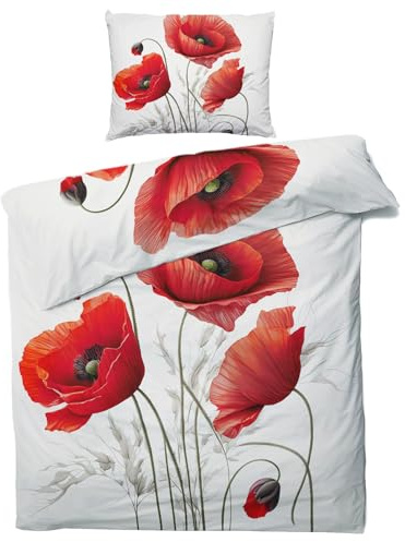 QEODAH Winter Bettwäsche 135x200 Mohnblumen - Mohn Bettbezug 135 x 200 2er Set - Wendebettwäsche & Kissenbezug 80x80 cm - Weiche Mikrofaser Bettwäsche-Sets mit Reißverschluss - Schlafzimmer Bett Deko
