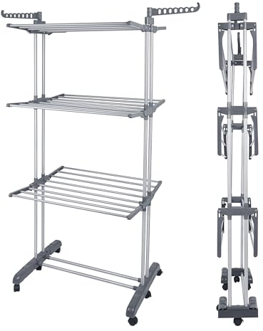 XUANYU Séchoir à Linge sur Pied à 3 Niveaux, Etendoir a Linge sur Pied avec Ailes et Pieds Pliable, Acier Inoxydable et Plastique, Séchoir à Vêtements Intérieur/Extérieur (Gris G, 75×49×170 cm)