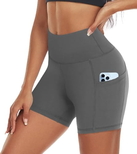 ACTINPUT Radlerhose Damen mit Taschen High Waist Yoga Shorts Kurze Leggings Blickdicht Sporthose Hotpants(Grau,S)