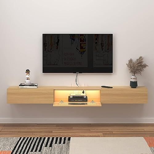 Pmnianhua Floating TV Stand with LED Lights, Wall Mounted TV Cabinet with Glass Door and 2 Drawers, Wooden Entertainment Media Console Center Large Storage Shelf Under TV (180cm, Oak)