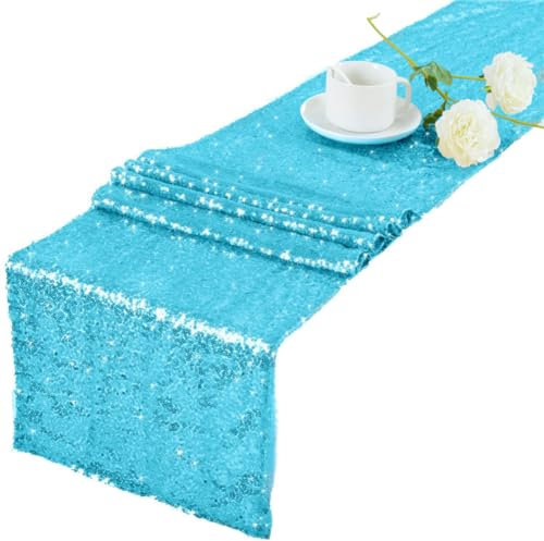 Yurosiay Pailletten Tischläufer Glitzer Stoff Tischläufer Mit Pailletten Mode Pailletten Tischband Tischdecke Pailletten Glitzernd Esstisch Läufer für Party Hochzeit Geburtstag 30×600cm Blau