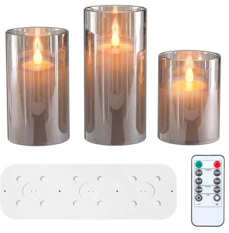 EXTSUD LED Kerzen Flackernde Flamme Kerzen mit Ladestation und Fernbedienung,3er Set Elektrische kerzen aus Glas Wiederaufladbare Flamme Wassertropfer Kerzenlicht mit Timerfunktion Grau