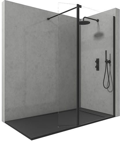 NEBADOON | Mamparas de Ducha Fija con Cristal Abatible - Mampara Ducha Fija - Cristal templado 8 mm - Antical - Perfilería Negro Mate - 110 cm (Fijo) + 40 cm (Abatible) Ancho x 200 cm Alto
