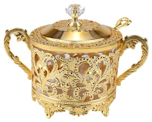 LNQ LUNIQI Sucrier turc en verre avec couvercle et cuillère - Style vintage - Pot à condiments, épices - Récipient à sucre pour la maison, le restaurant, la cuisine (doré)