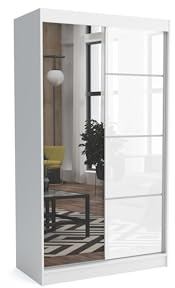 Brent - Kleiderschrank mit Spiegel Suzan, 100cm Breit, Schlafzimmerschrank mit 1 Kleiderstange und Einlegeböden für Kleidung, Kleiderschrank Weiß Matt/Weiß Hochglanz