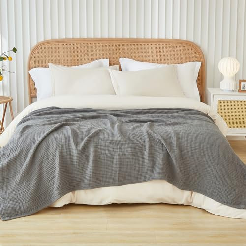 EMME Baumwolldecke in Kingsize für das Bett, weiche Musselin-Decke, 274 x 229 cm, leichte, atmungsaktive Schichtdecke, Bettüberwurf, Ganzjahres-Mull-Decke, Grau