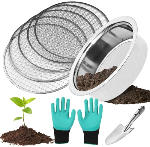 Setaccio da Giardino Rotondo 25cm Colino da Giardino, 5 In1 Setaccio Giardino con 5 Inserti Intercambiabili Ø 1,3,6,9,12 Mm con Pala, Guanti, Setaccio per Terreno Setaccio Rotondo in Acciaio Inox