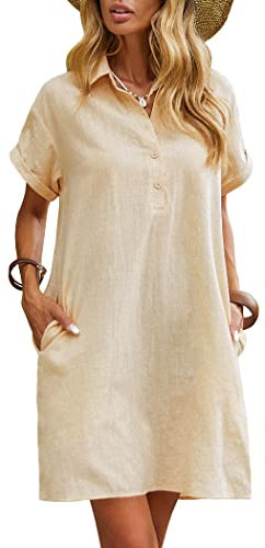 Zeagoo Womens Linen Dress Ladies Casual Short Sleeve V-Neck Summer Beach Dresses for Women Khaki XXL