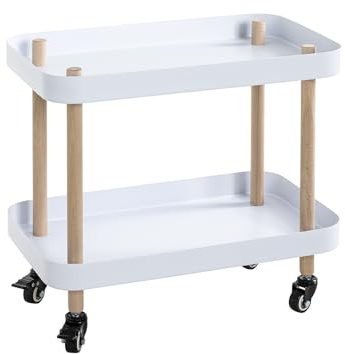 HAKU Beistelltisch auf Rollen Massivholz Natur Metallgestell weiß rollbarer Couchtisch Sofatisch -Maße: B 50 x H 47 x T 30 cm Style: Modern