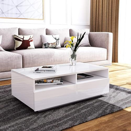 Couchtisch für Wohnzimmer, Hölzerner Mitteltisch Teetisch, Weiß Glanz Couchtisch mit Lagerung, Rechteckiger Wohnzimmertisch Beistelltisch mit 4 Schubladen & Offenem Fach für Heimbüro Möbel
