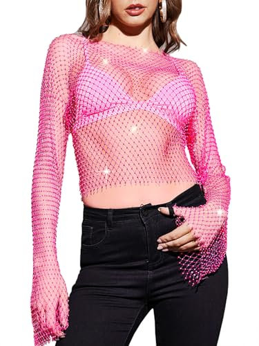 Liutufy Women's Long Sleeve Rhinestone Mesh Top - Stylish See-Through Beach Swimwear Bikini Coverups (Rose Red)