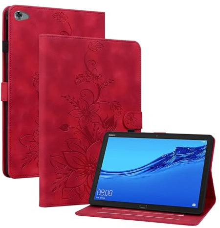 Rosbtib Funda para Huawei MediaPad M5 Lite 10/ C5 (10,1 Pulgadas), Funda Protectora de Visualización Multiángulo con [Ranura para Tarjetas] [Cierre Magnético], Lirios Rojo