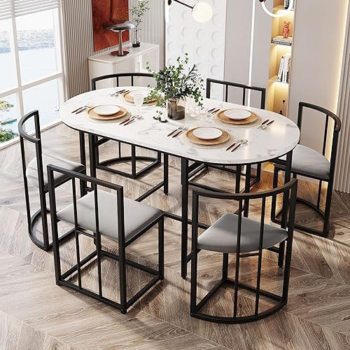 Huayz Dining Table and Chairs Set 6, Dining Room Sets, Black Iron Frame Dining Table with 6 Chairs & Grey Cushion, MDF White Marble Tabletop (Black)