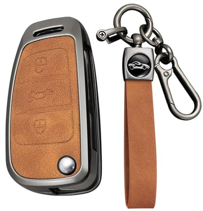 KUNIO Coque de clé de voiture compatible avec Audi A1 A3 8V A4 A6 Q2 Q3 TT TTS RS RS3 S3 Sline Protection Alliage + Porte-clés en cuir pour clé pliante 3 boutons, Marron, 3 Tasten