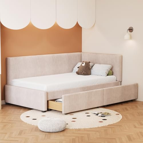 MOBETTRES Polsterbett Schlafsofa 90 * 200 Multifunktionsbett mit 2 großen Stauraumschubladen und Lattenrost hautfreundlicher Samtstoff (Beige)