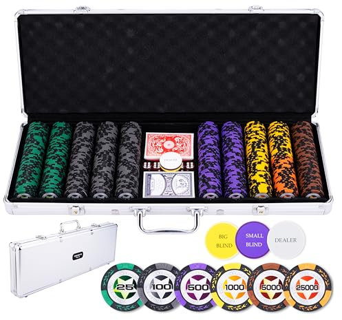 Engelhart - 320921 – Poker-Set – Koffer aus versilbertem Metall – 500 Chips 14 g Erhöhung (25 bis 25000) + 2 Kartenspiele, 3 Croupier-Knöpfe, 5 Würfel