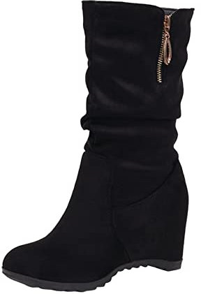 Stivali da donna alla moda in tinta unita in camoscio plissettato con zip laterale tacco zeppa stivali larghi al polpaccio per le donne al ginocchio, Nero , 37.5 EU