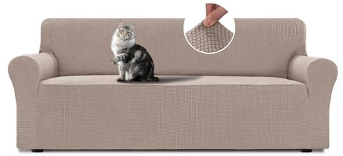 BellaHills Sofa Überzug 3 Sitzer (215-250cm), Stretch Sofabezug, Sofaschoner rutschfest, Elastischer Sofa Bezug, Waschbare Katze Couchschoner, Sand