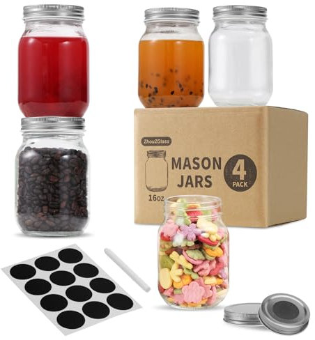 Glass Regular Mouth Mason Jars, 16 oz Clear Glass Jars with Silver Metal Lids for Sealing, Canning Jars for Food Storage, Overnight Oats, Dry Food, Snacks, Candies, DIY, Meal Prep (Silver, 4PACK)